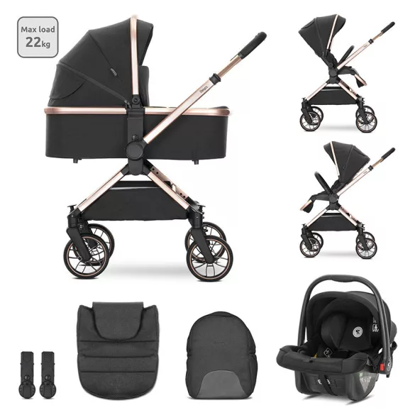 Lorelli Reya 3v1 multifunkčný kočík s otočnou rukoväťou + autosedačka Joy - Black Jasper
