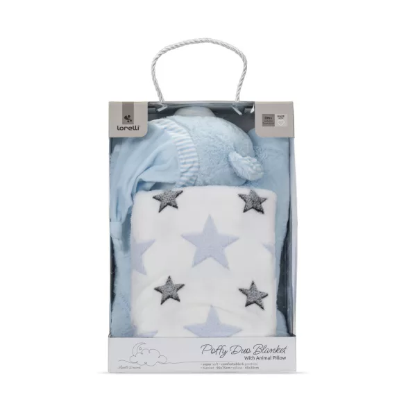 Lorelli Poffy Duo prikrývka 75x90 cm s vankúšikom 45x30 cm - White Blue Teddy Bear