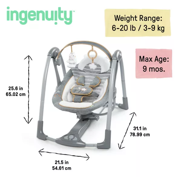 INGENUITY Premeniteľná cestovná hojdačka s melódiami Bella Teddy™ 0m+ do 9 kg