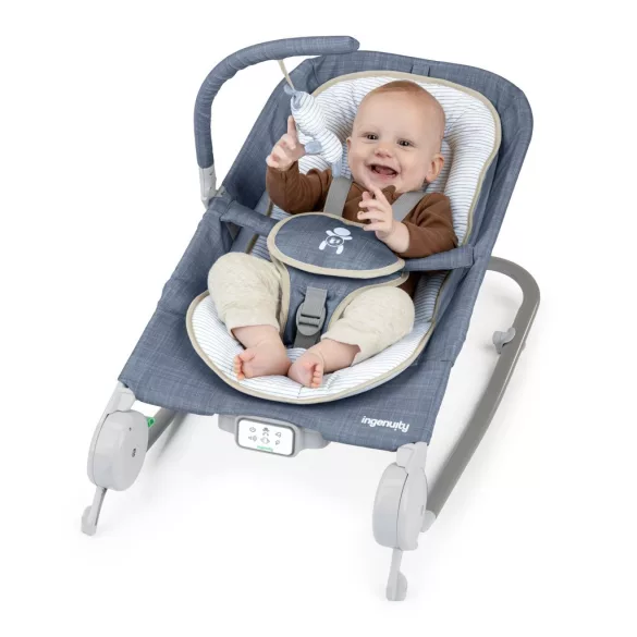 INGENUITY Vibračné masážne kreslo s melódiami, Happy Belly™, Rock-to-Bounce, Chambray, od 0 mesiacov, do 9 kg