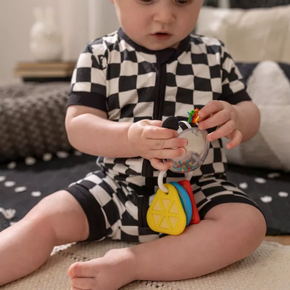 Baby Einstein Hryzátko s hrkálkou zebra Zen™ Shake-a-Shape bez BPA - 0 mesiacov+