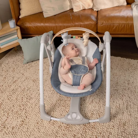 INGENUITY Premeniteľná hojdačka s melódiami, Swing 'n Go Chambray, od 0 mesiacov, do 9 kg