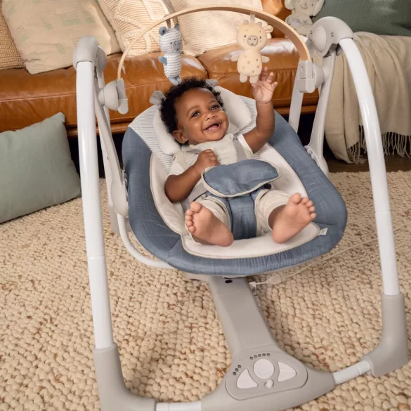 INGENUITY Premeniteľná hojdačka s melódiami, Swing 'n Go Chambray, od 0 mesiacov, do 9 kg