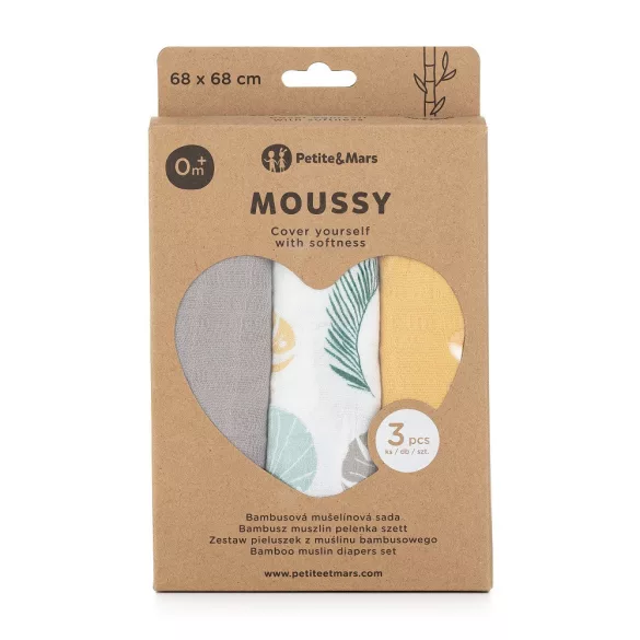 Petite&Mars Bambusová mušelínová sada 3 ks plienok, Moussy Ochre Leaves, 68 x 68 cm