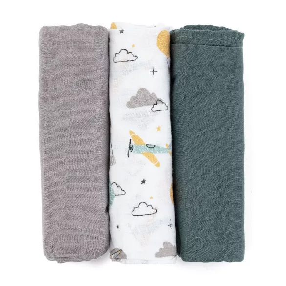 Petite&Mars Bambusová mušelínová sada 3 ks plienok Moussy Grey Planes, 68 x 68 cm