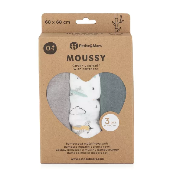 Petite&Mars Bambusová mušelínová sada 3 ks plienok Moussy Grey Planes, 68 x 68 cm