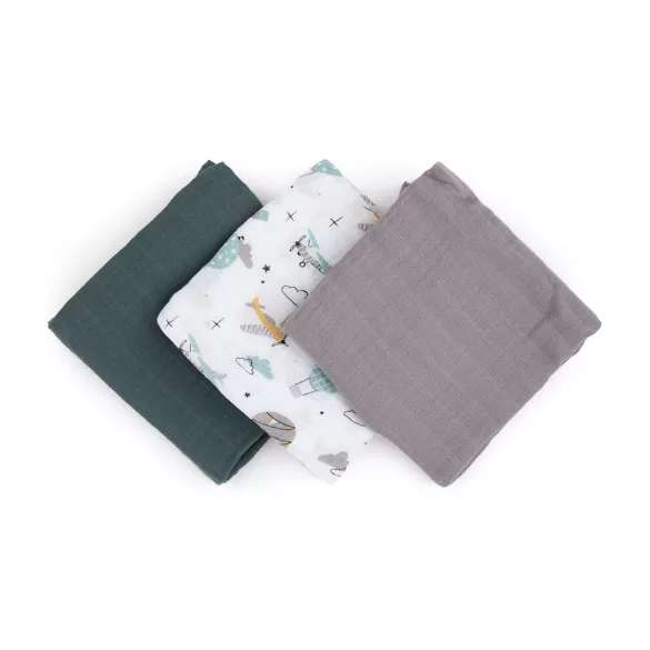 Petite&Mars Bambusová mušelínová sada 3 ks plienok Moussy Grey Planes, 68 x 68 cm