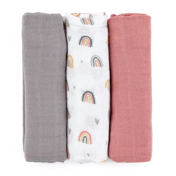 Petite&Mars Sada 3 bambusových mušelínových plienok, Moussy Rose Rainbows, 68 x 68 cm