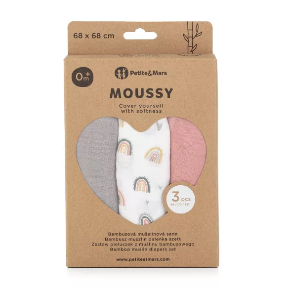Petite&Mars Sada 3 bambusových mušelínových plienok, Moussy Rose Rainbows, 68 x 68 cm