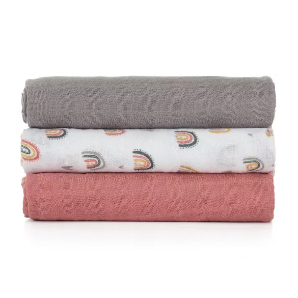 Petite&Mars Sada 3 bambusových mušelínových plienok, Moussy Rose Rainbows, 68 x 68 cm
