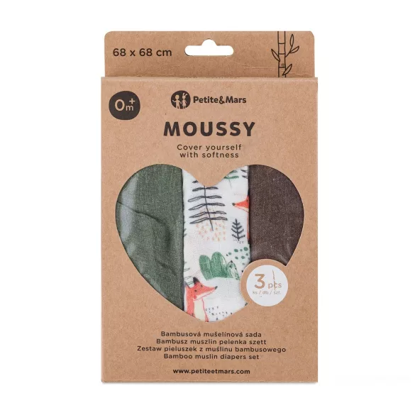 Petite&Mars Sada 3 bambusových plienok z mušelínu Moussy Forest Fox 68 x 68 cm