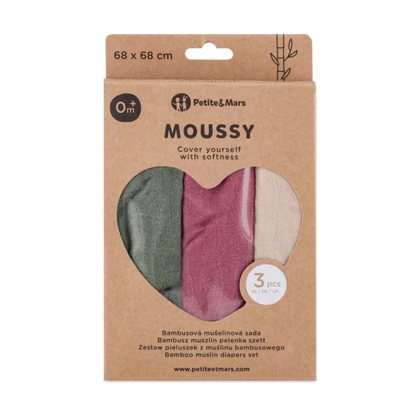 Petite&Mars Bambusová mušelínová sada 3 ks plienok Moussy Botanic Tones 68 x 68 cm