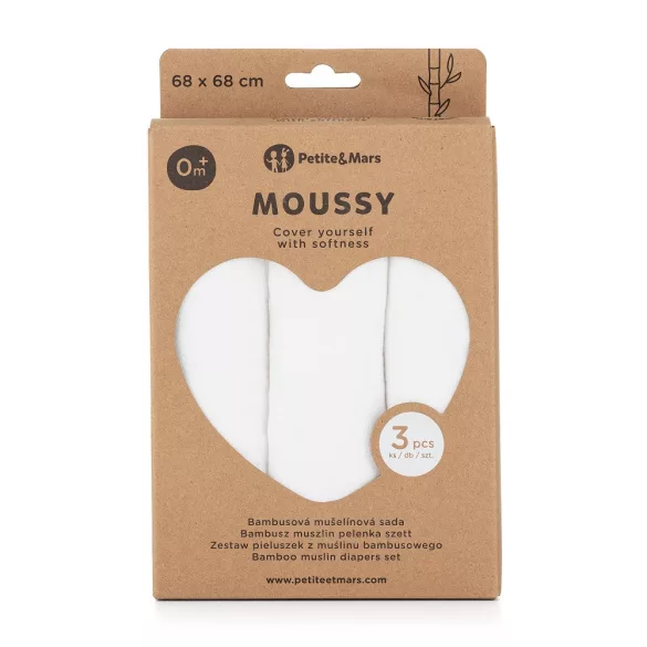 Petite&Mars Bambusová mušelínová sada 3 ks plienok, Moussy Total White, 68 x 68 cm