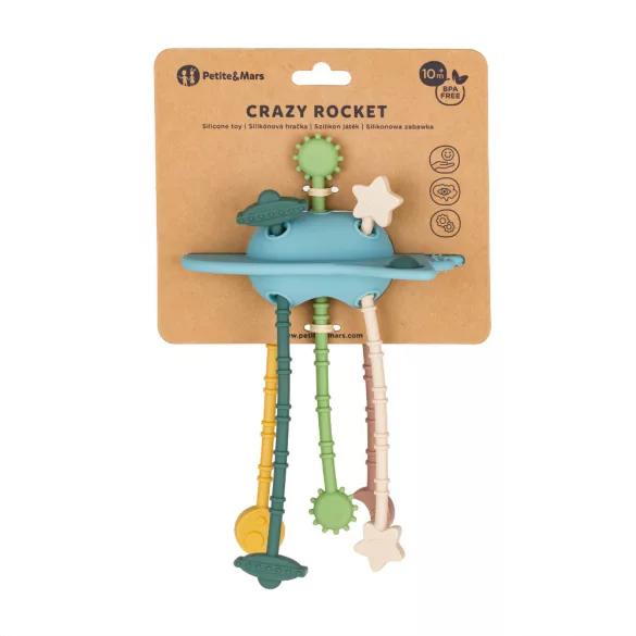 PETITE&MARS Silikónová hračka na rozvoj zmyslov Crazy raketa Frosted Sky 10 mesiacov+
