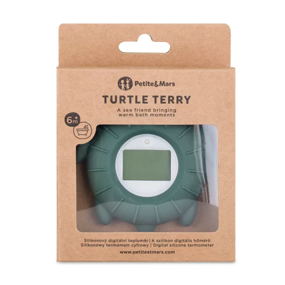 Petite&Mars Silikónový digitálny teplomer na vodu Turtle Terry Misty Green 0 mesiacov+