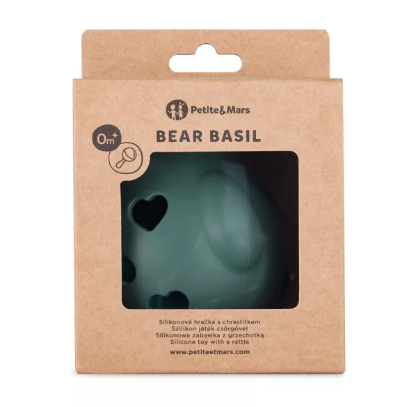 Petite&Mars Silikónová hračka s rolničkou Bear Basil Misty Green 0m+