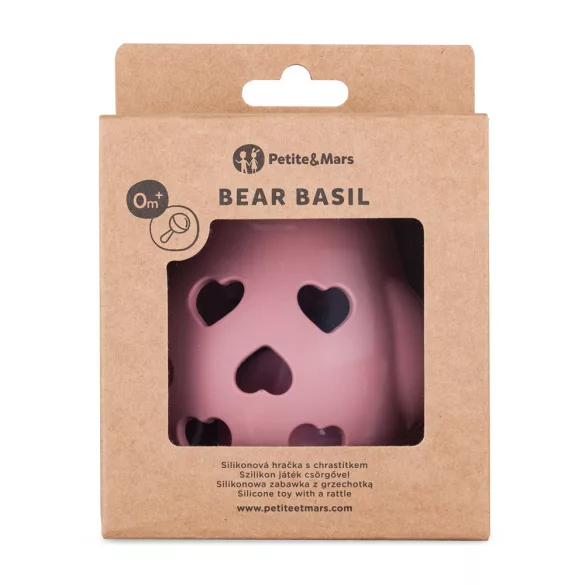 Petite&Mars Silikónová hračka s rolničkou Bear Basil Dusty Rose 0m+