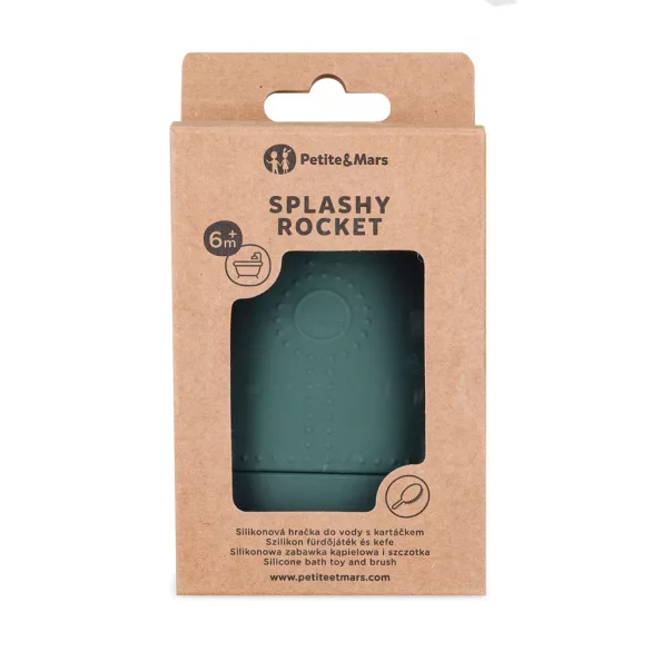 Petite&Mars Silikónová kúpeľová hračka s kefkou Splashy Rocket Misty Green 6m+