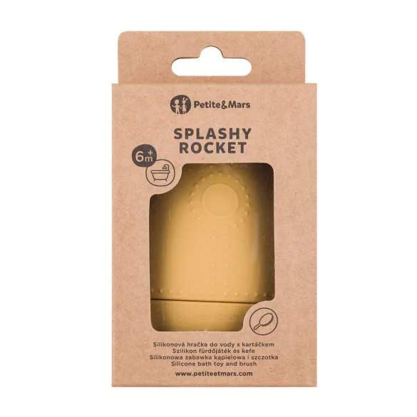 Petite&Mars Silikónová kúpeľová hračka s kefkou Splashy Rocket Intense Ochre 6m+