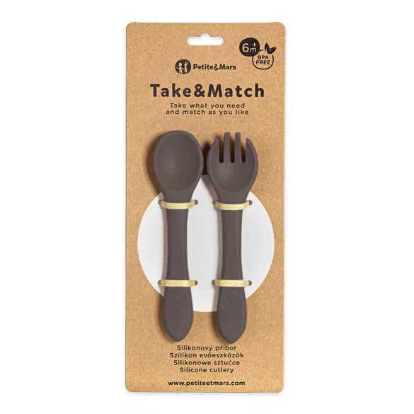 Petite&Mars Silikónové príbory Take&Match Bitter Cocoa 6m+