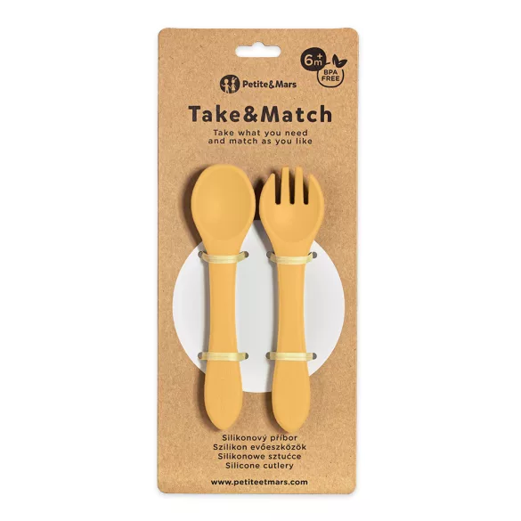 Petite&Mars Silikónové príbory, TAKE&MATCH, Intense Ochre, od 6 mesiacov