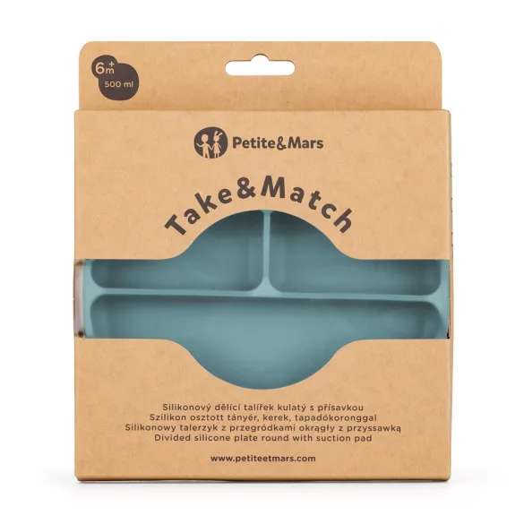 Petite&Mars Silikónový deliteľný tanier, okrúhly Take&Match Frosted Sky 6m+