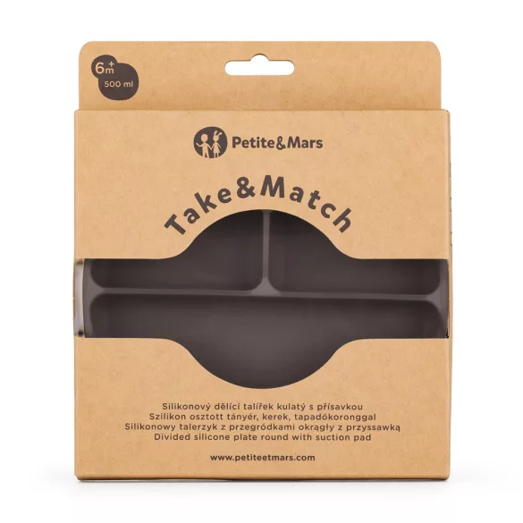 Petite&Mars Silikónový deliteľný tanier, okrúhly Take&Match Bitter Cocoa 6m+
