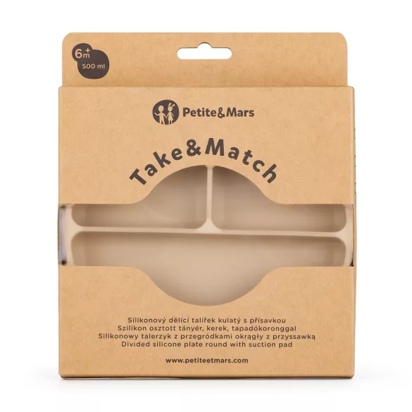 Petite&Mars Silikónový deliteľný okrúhly tanier, Take&Match, Desert Sand, od 6 mesiacov