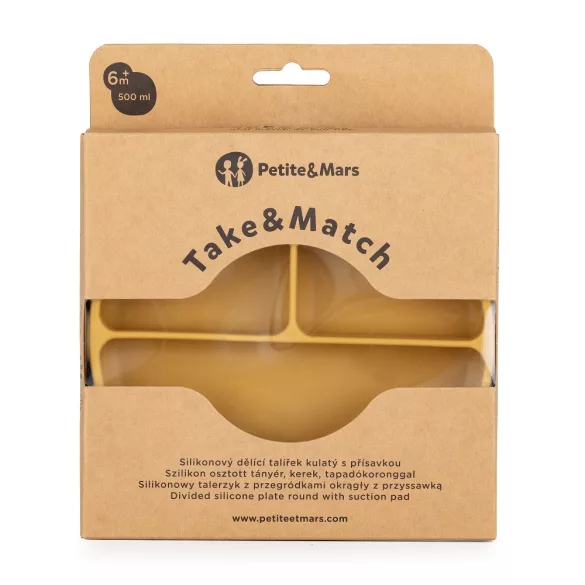 Petite&Mars Silikónový okrúhly tanier s priehradkami, Take&Match, Intense Ochre, od 6 mesiacov