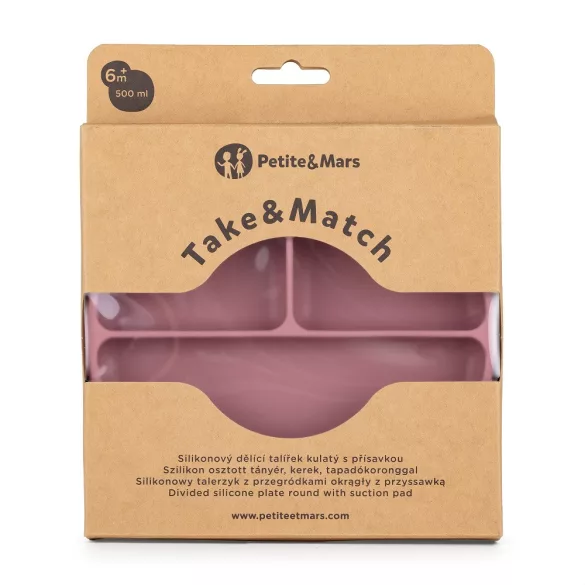 Petite&Mars Silikónový okrúhly tanier s priehradkami, Take&Match, Dusty Rose, od 6 mesiacov