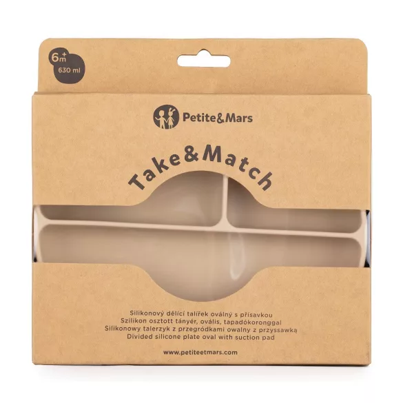 Petite&Mars Silikónový oválny tanier s priehradkami, Take&Match, Desert Sand, od 6 mesiacov