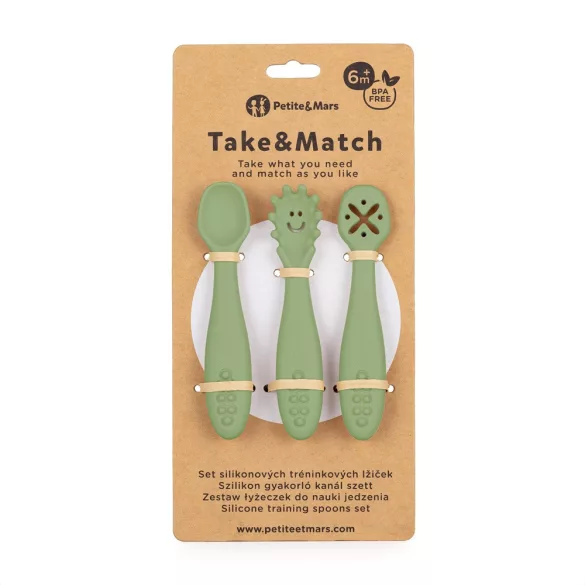 Petite&Mars Sada 3 ks silikónových lyžičiek na trénovanie Take&Match Sweet Pea 6m+