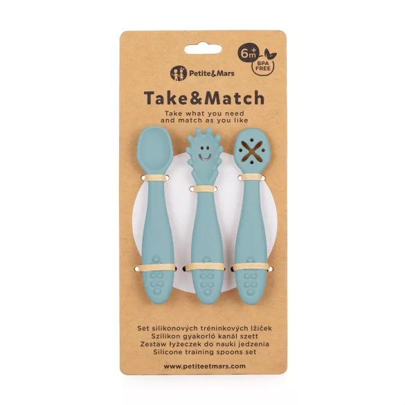 Petite&Mars Sada 3 silikónových lyžičiek na trénovanie Take&Match Frosted Sky 6m+
