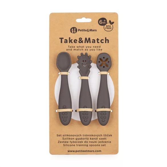 Petite&Mars Sada 3 silikónových lyžičiek na učenie sa jesť Take&Match Bitter Cocoa 6m+