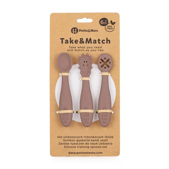Petite&Mars Sada 3 silikónových lyžičiek na trénovanie Take&Match Velvet Latte 6m+