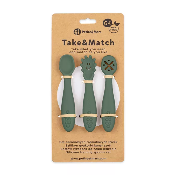 Petite&Mars Sada silikónových lyžičiek na trénovanie, 3 ks, Take&Match, Misty Green, od 6 mesiacov