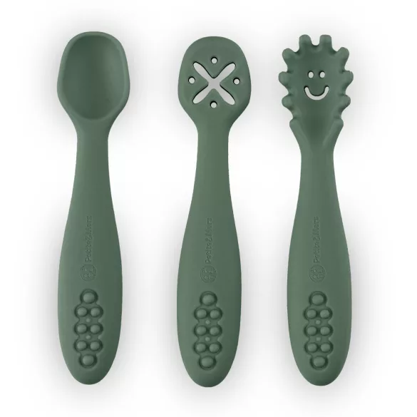Petite&Mars Sada silikónových lyžičiek na trénovanie, 3 ks, Take&Match, Misty Green, od 6 mesiacov