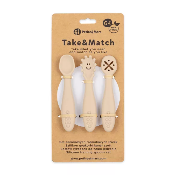 Petite&Mars Sada silikónových lyžičiek na trénovanie, 3 ks, Take&Match, Desert Sand, od 6 mesiacov