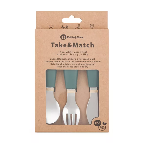 Petite&Mars Sada príborov z nehrdzavejúcej ocele Take&Match Misty Green 12m+