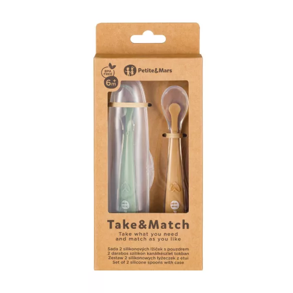 PETITE&MARS Silikónové lyžičky s puzdrom, sada 2 ks, Take&Match Pea – Ochre 6m+