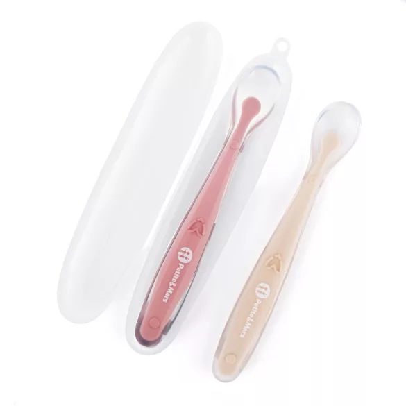 PETITE&MARS Silikónové lyžičky s puzdrom, sada 2 ks, Take&Match Sand – Rose 6 mesiacov+