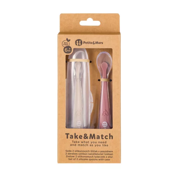 PETITE&MARS Silikónové lyžičky s puzdrom, sada 2 ks, Take&Match Sand – Rose 6 mesiacov+