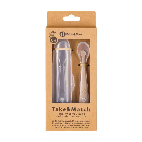 PETITE&MARS Silikónové lyžičky s puzdrom, sada 2 ks, Take&Match Sand – Cocoa 6m+