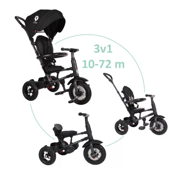 QPLAY Trojkolka Rito air gel (guma) Black, vek 10–72 mesiacov