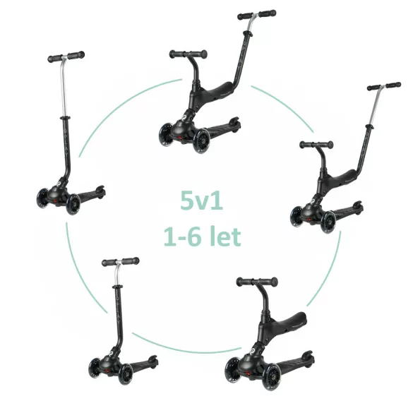 QPLAY Sema Pro 5v1 kolobežka / odrážadlo pre deti od 1 do 6 rokov, do 50 kg – čierna