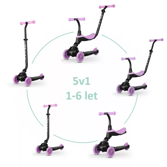 QPLAY odrážadlo/kolobežka Sema Evo s LED svetlami Violet, vek 1 – 6 rokov, do 50 kg