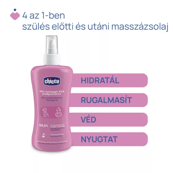 Chicco Masážny olej 4 v 1 200 ml pred a po pôrode, 99,9 % prírodný, bez vône
