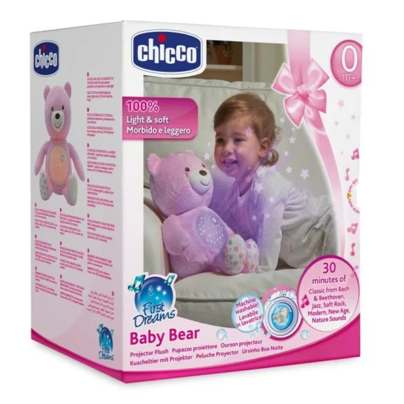 Chicco Baby Bear plyšový medvedík s projektorom a nočným svetlom – ružový