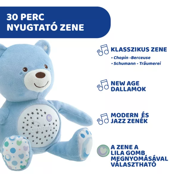 Chicco Baby Bear plyšový medvedík s projektorom a nočnou lampičkou – modrý