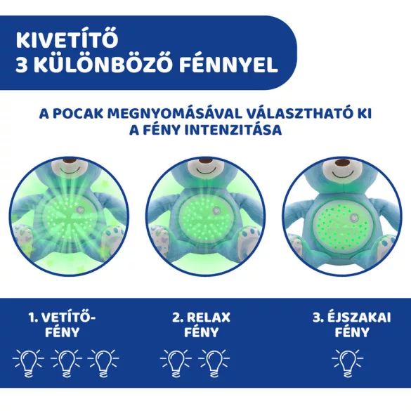 Chicco Baby Bear plyšový medvedík s projektorom a nočnou lampičkou – modrý
